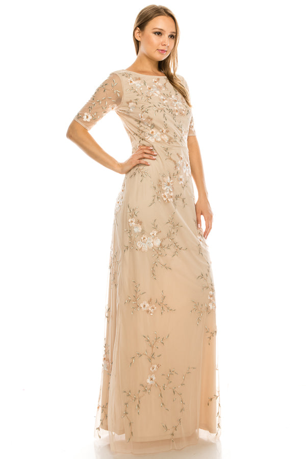 Adrianna Papell Nude Boatneck Elbow Sleeved Long Dress with Allover Blossoming Floral Embroidery
