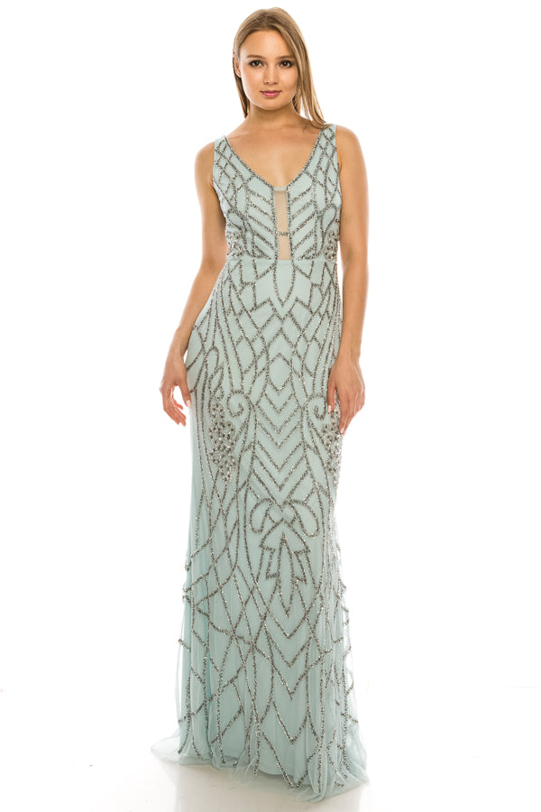 Adrianna Papell White Jade Allover Beaded Plunge Long Evening Dress