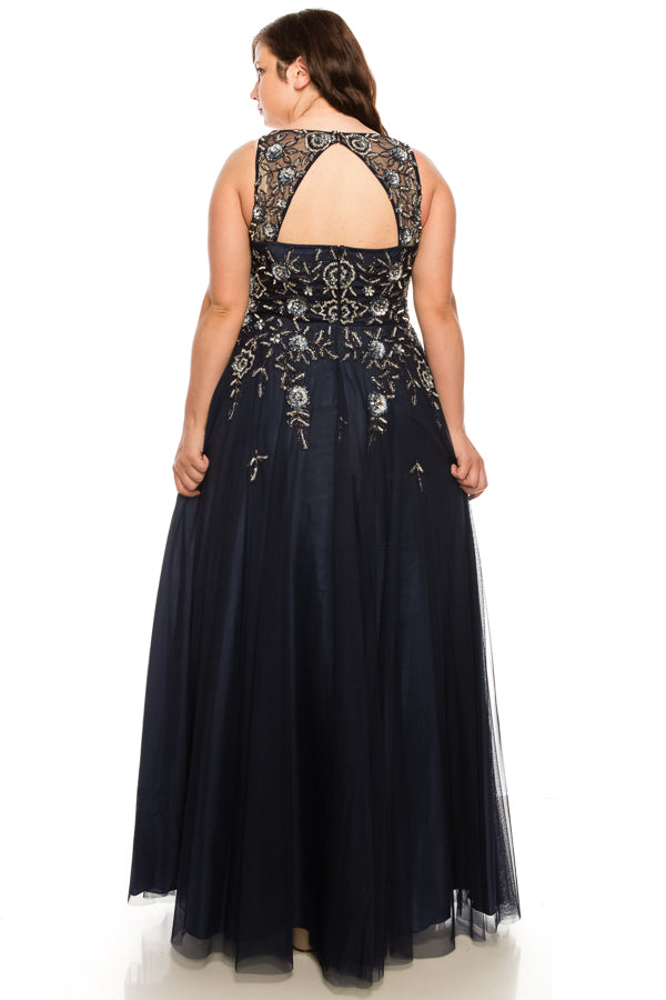 Adrianna Papell Navy Beaded Plunge A-Line Gown with Open Back