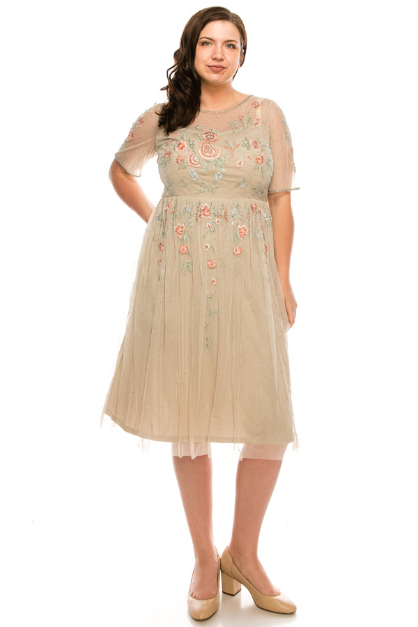 Adrianna Papell Biscotti Beaded Floral Embroidered Mesh Short Sleeve Midi Dress