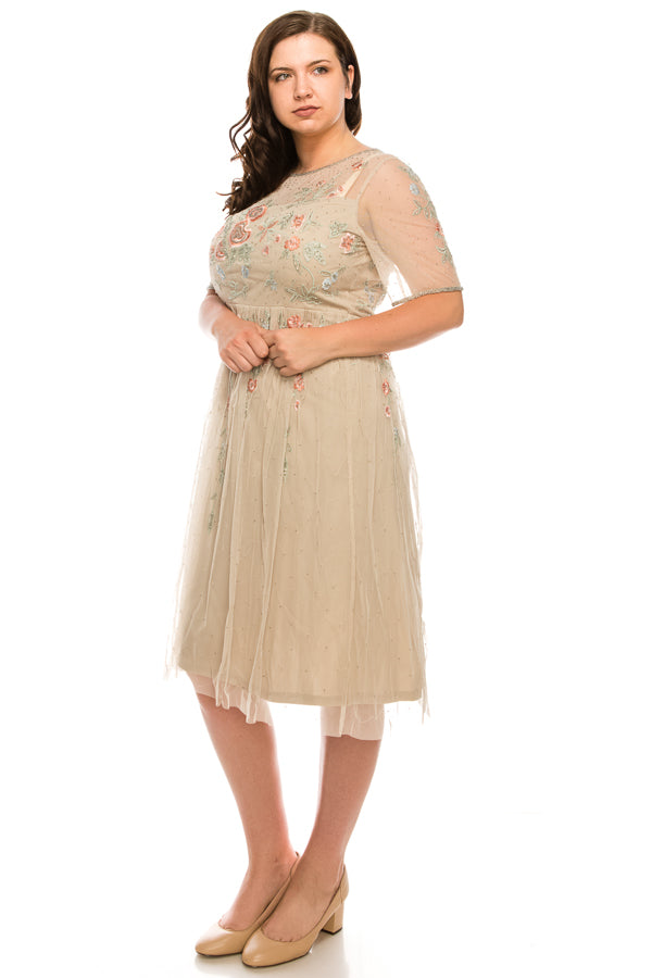 Adrianna Papell Biscotti Beaded Floral Embroidered Mesh Short Sleeve Midi Dress