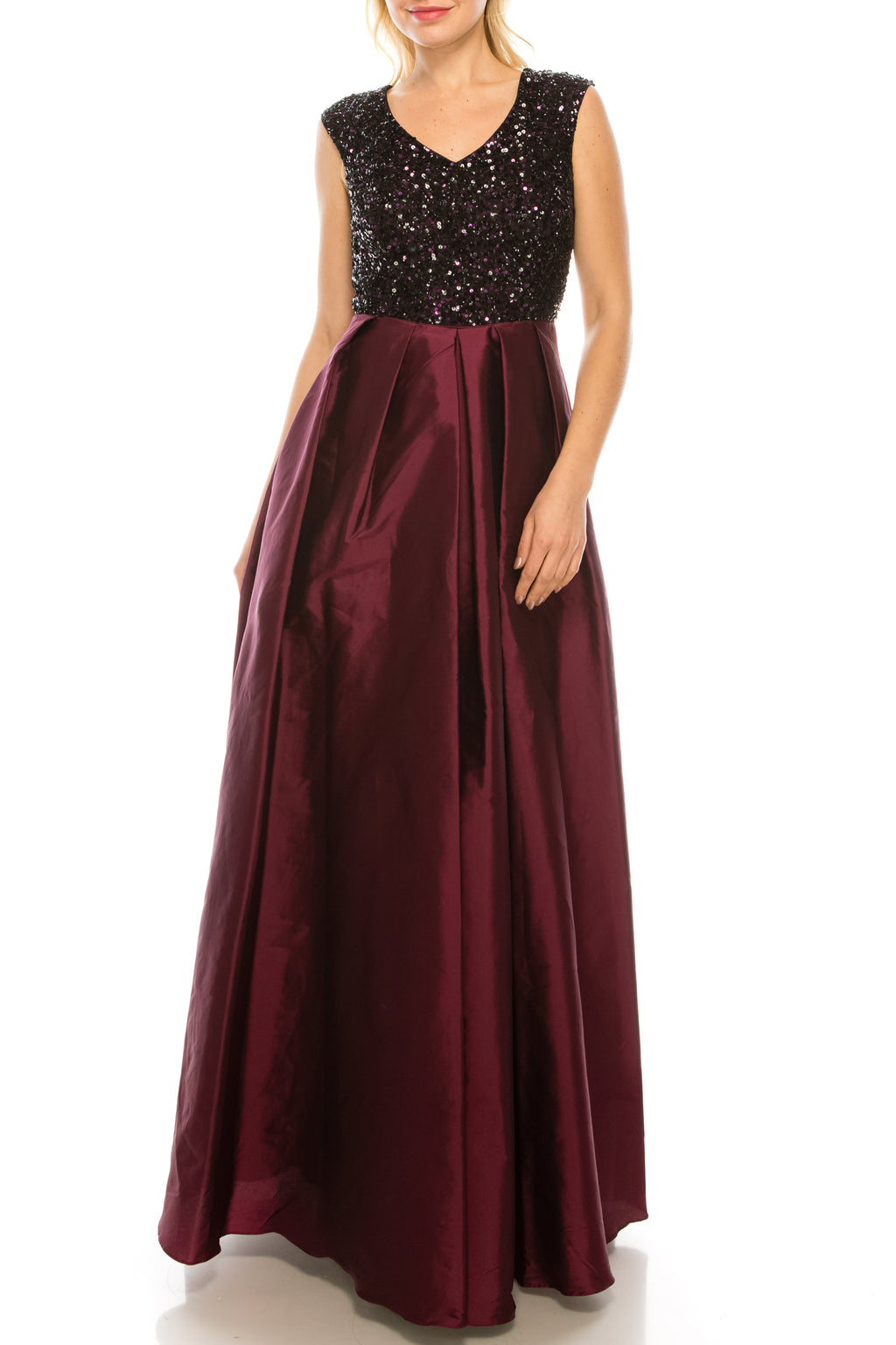 Aidan Mattox Black Deep Burgundy V-Neck Sequined Pleated Gown