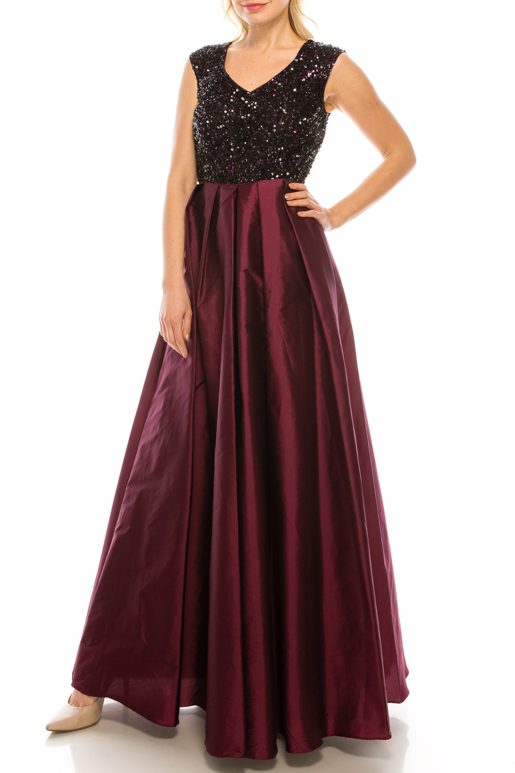 Aidan Mattox Black Deep Burgundy V-Neck Sequined Pleated Gown