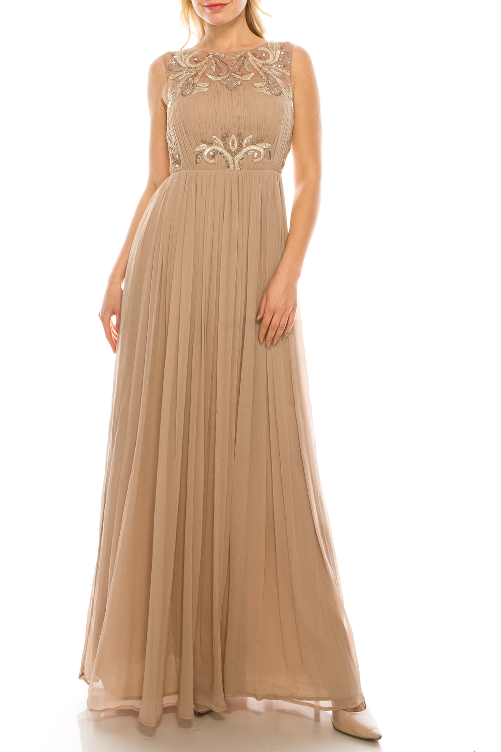 Aidan Mattox Light Mink Boat Neck Sleeveless Ruched Embellished Chiffon Gown