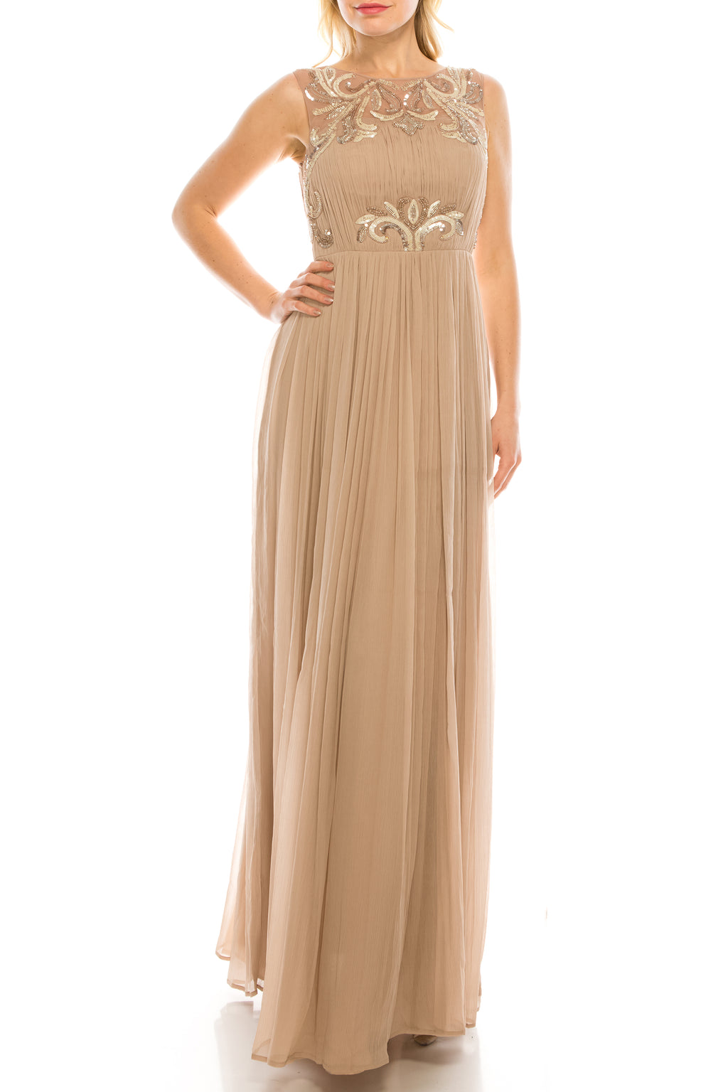 Aidan Mattox Light Mink Boat Neck Sleeveless Ruched Embellished Chiffon Gown