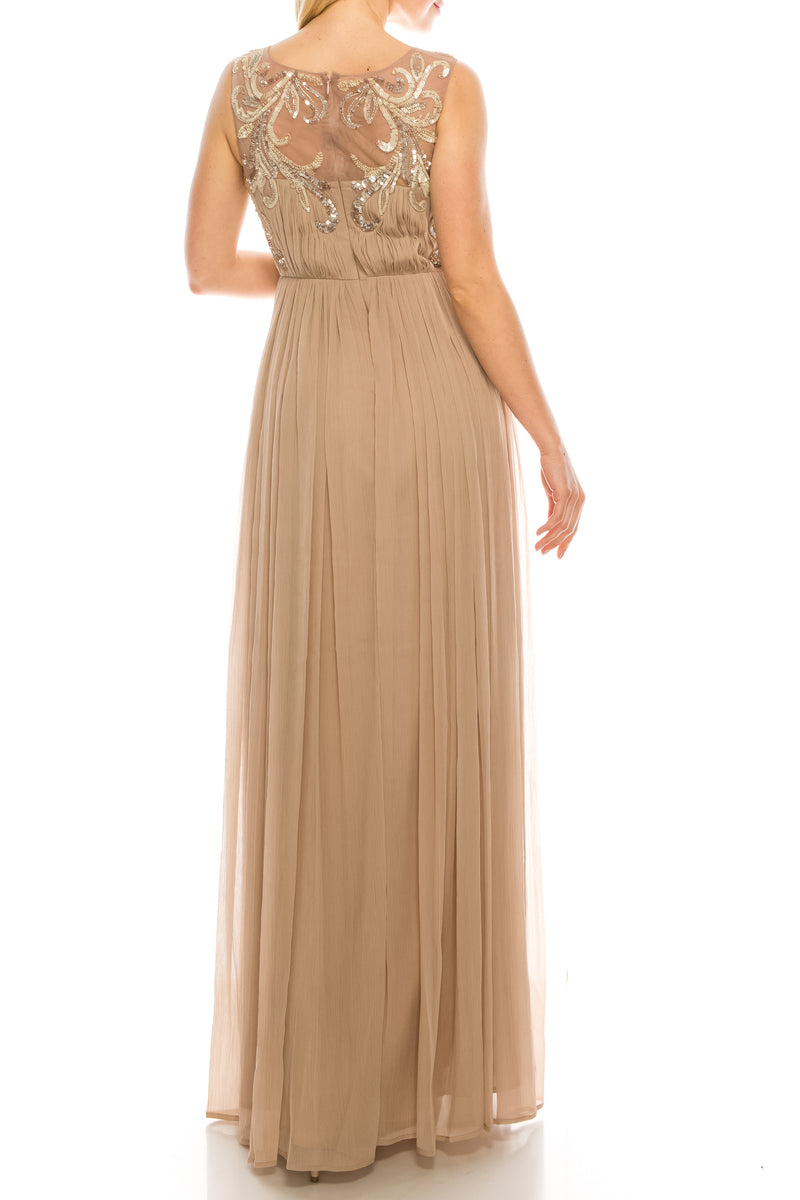 Aidan Mattox Light Mink Boat Neck Sleeveless Ruched Embellished Chiffon Gown