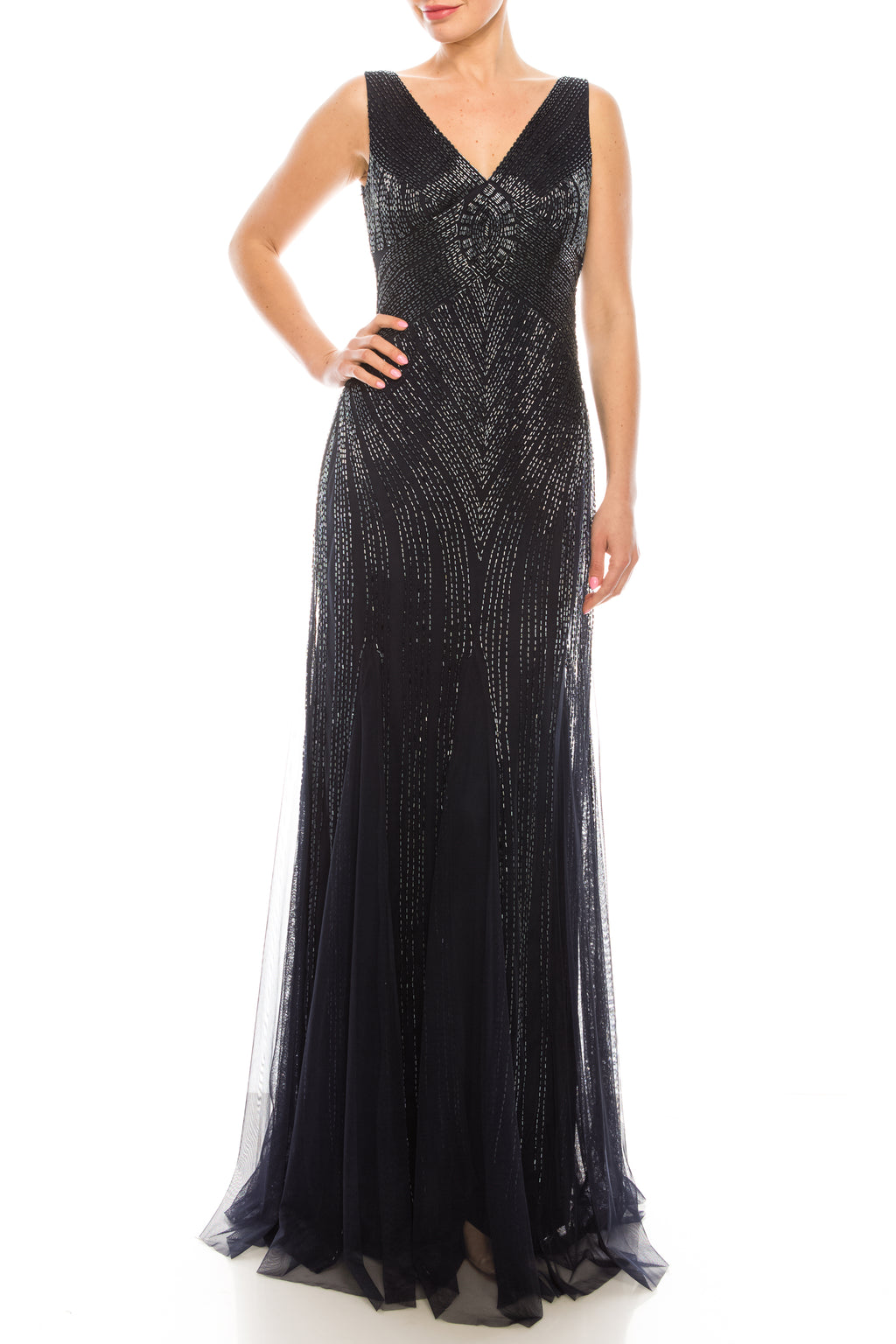 Aidan Mattox Twilight Navy Beaded Evening Gown