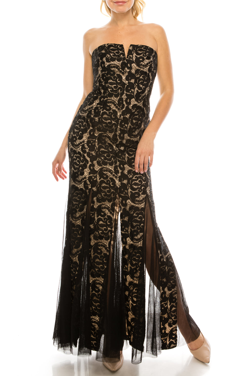 Aidan Mattox Black Lace Strapless Gown