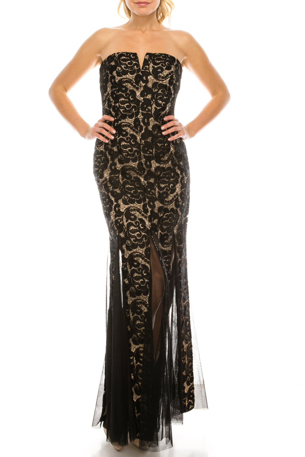Aidan Mattox Black Lace Strapless Gown