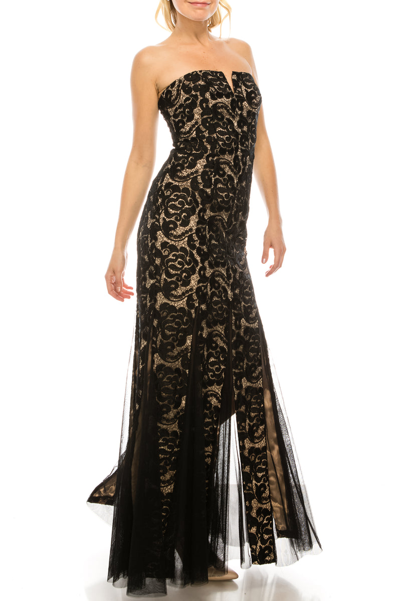 Aidan Mattox Black Lace Strapless Gown