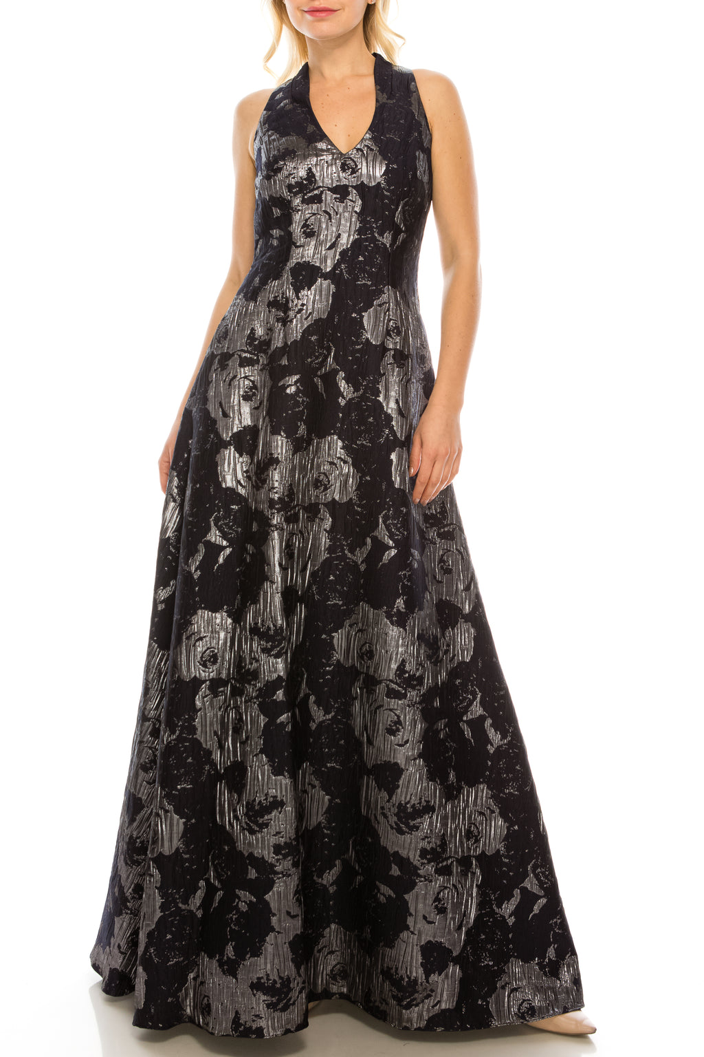 Aidan Mattox Faux Halter Navy and Metallic Silver Jacquard Gown