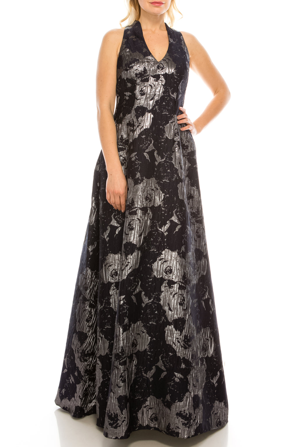 Aidan Mattox Faux Halter Navy and Metallic Silver Jacquard Gown