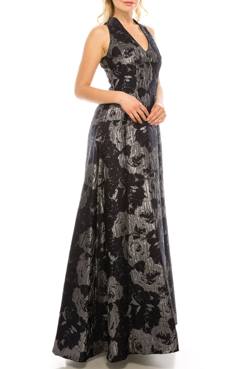 Aidan Mattox Faux Halter Navy and Metallic Silver Jacquard Gown