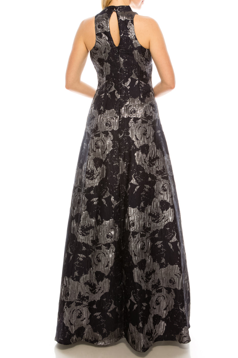 Aidan Mattox Faux Halter Navy and Metallic Silver Jacquard Gown
