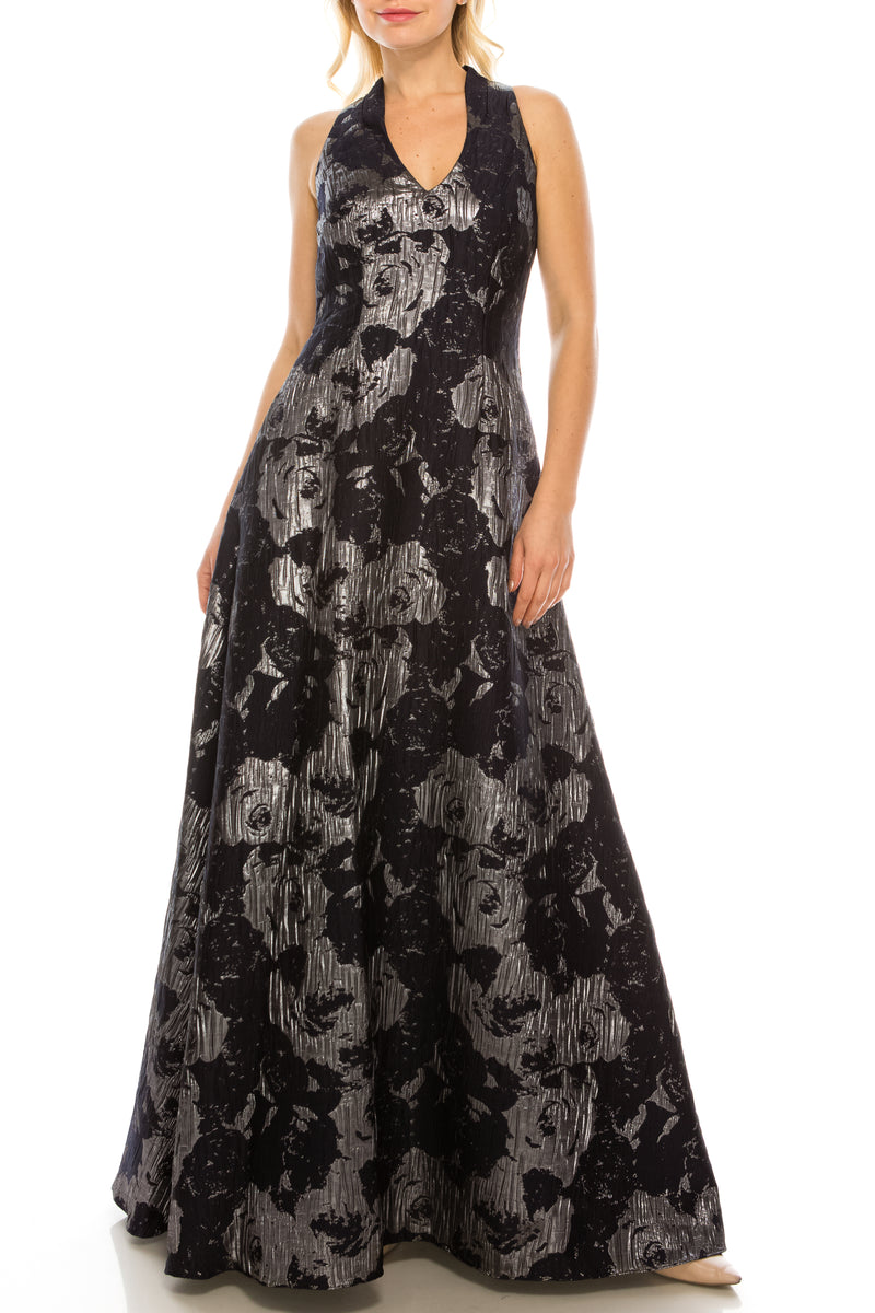 Aidan Mattox Faux Halter Navy and Metallic Silver Jacquard Gown