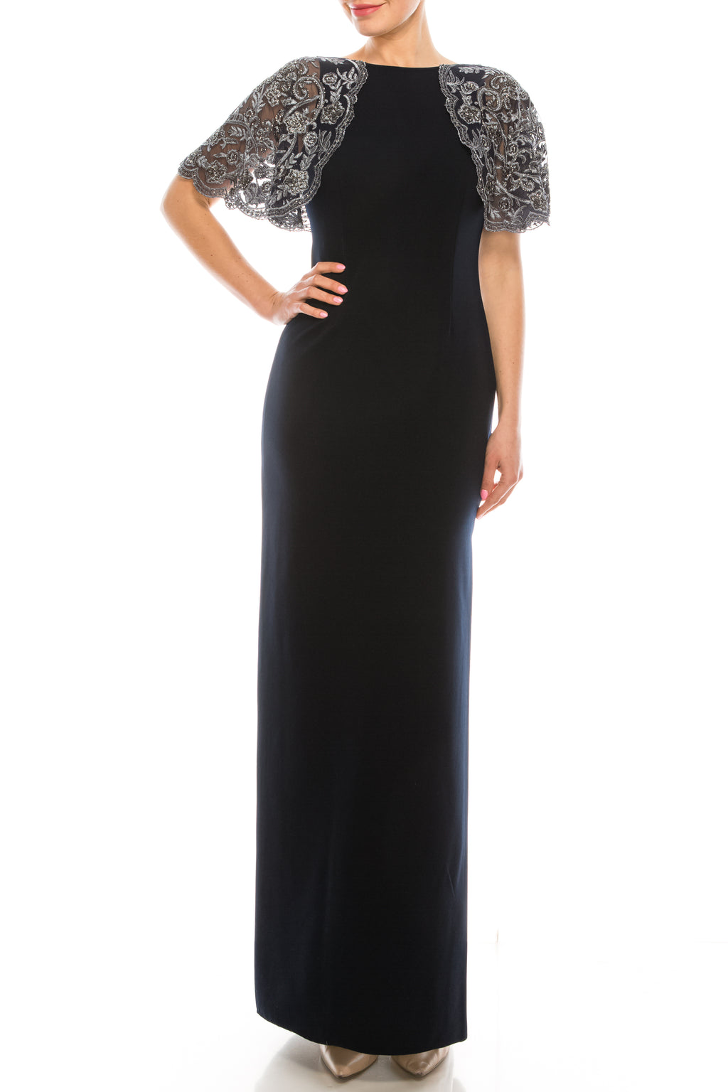 Aidan Mattox Deep Navy Evening Gown with Silver Lace