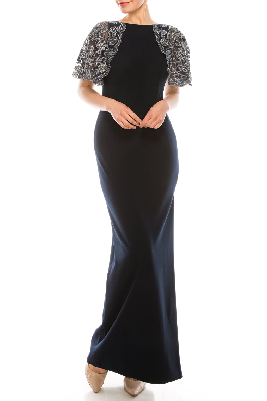 Aidan Mattox Deep Navy Evening Gown with Silver Lace