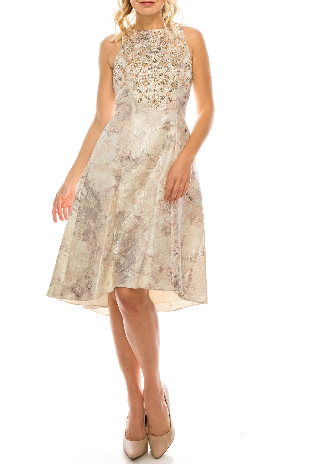 Aidan Mattox Mink Blush Cream High Low Hem Jacquard Short Evening Dress