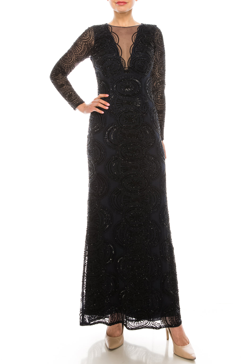 Aidan Mattox Twilight Navy Long Sleeve Black Beaded Gown