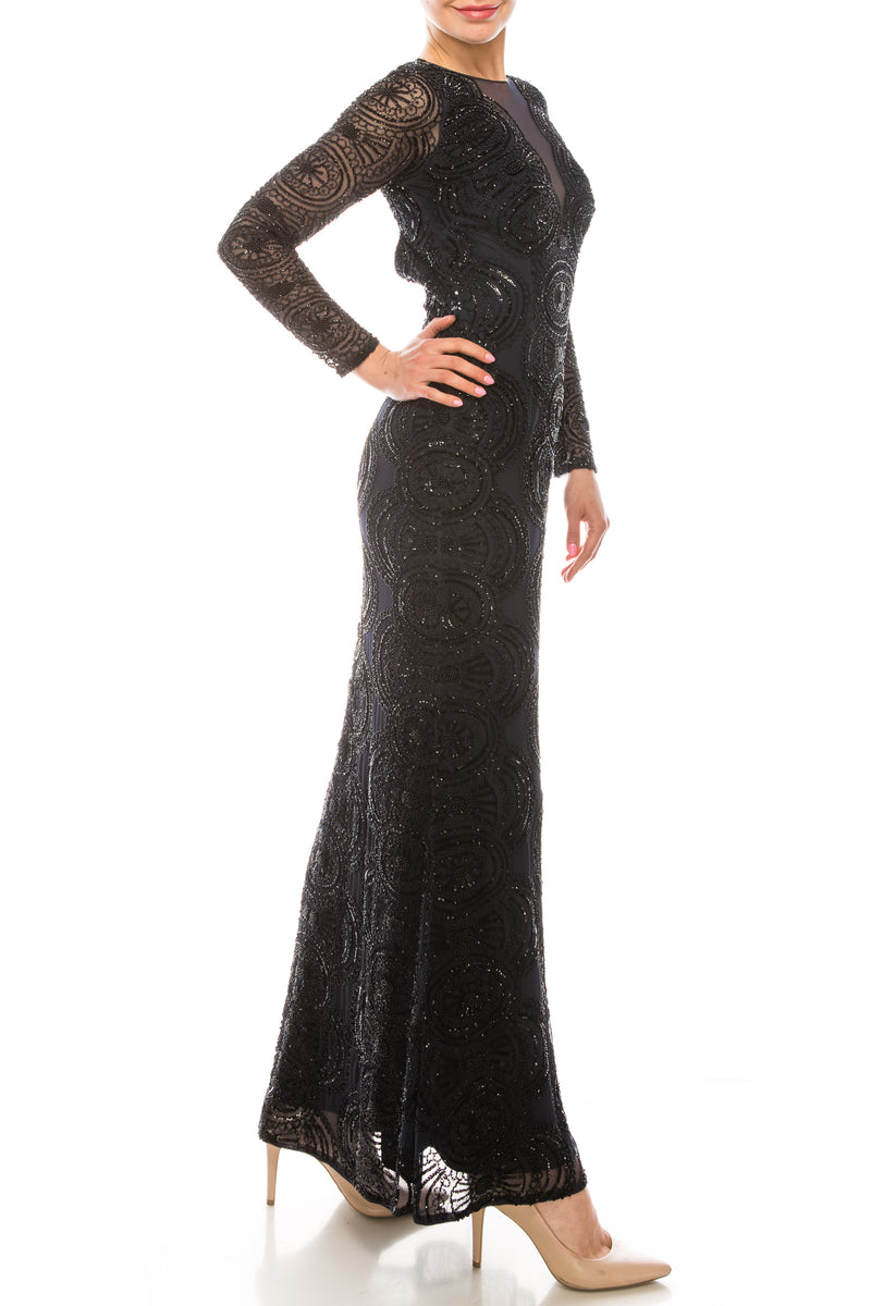 Aidan Mattox Twilight Navy Long Sleeve Black Beaded Gown