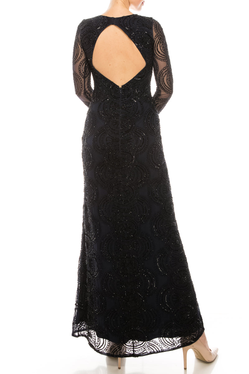 Aidan Mattox Twilight Navy Long Sleeve Black Beaded Gown