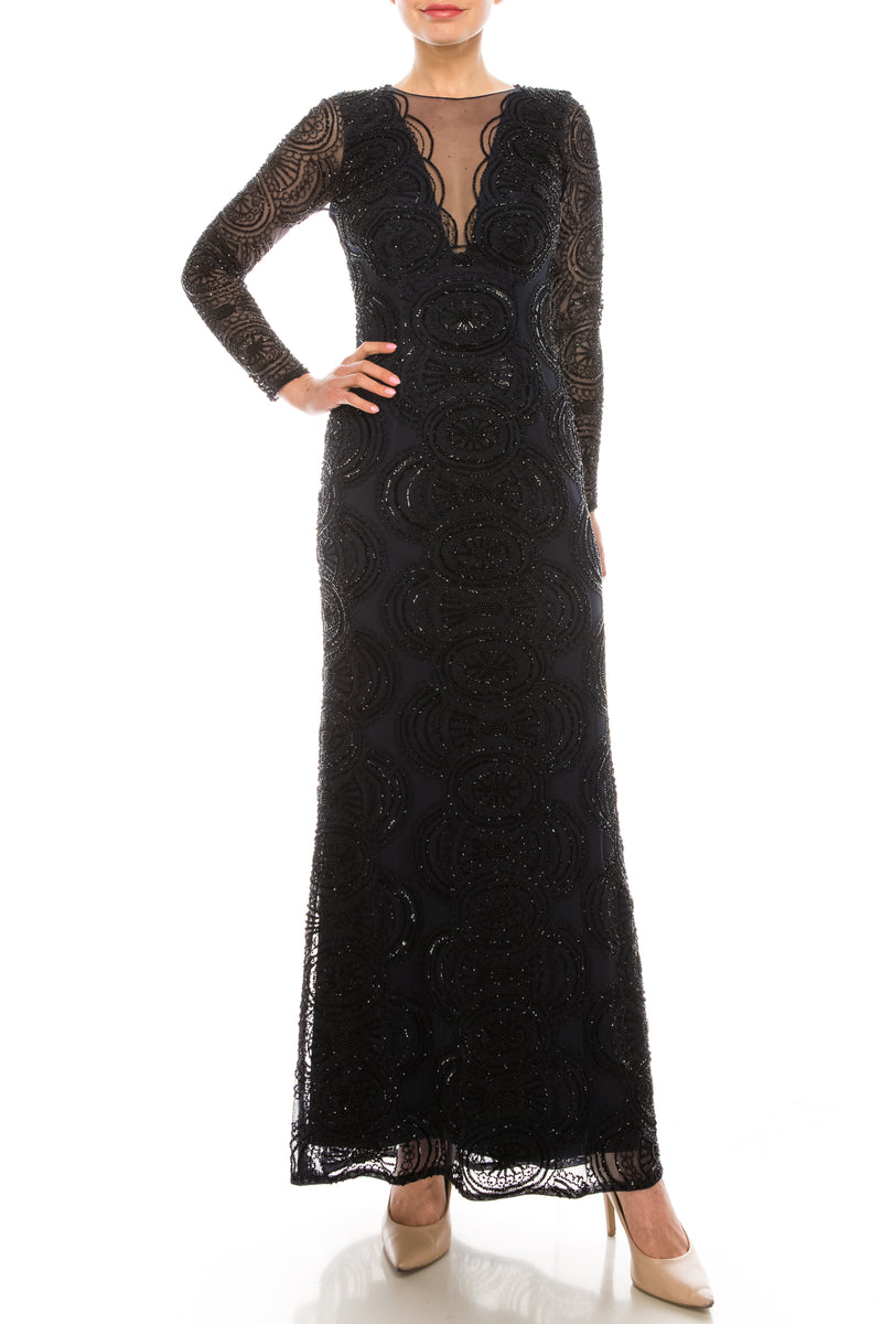 Aidan Mattox Twilight Navy Long Sleeve Black Beaded Gown
