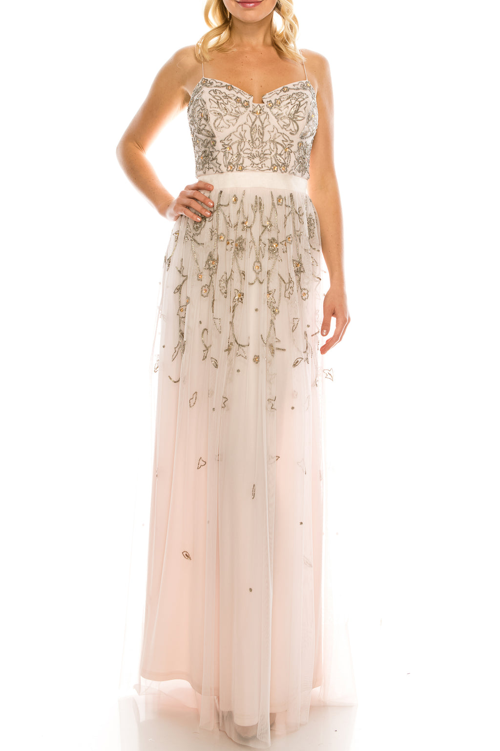 Aidan Mattox Pink Blush Beaded Floral Gown