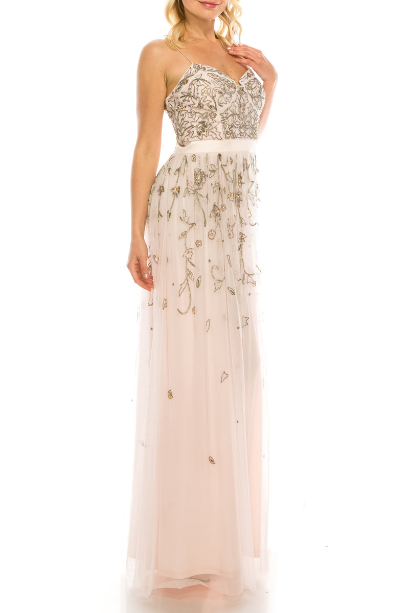 Aidan Mattox Pink Blush Beaded Floral Gown