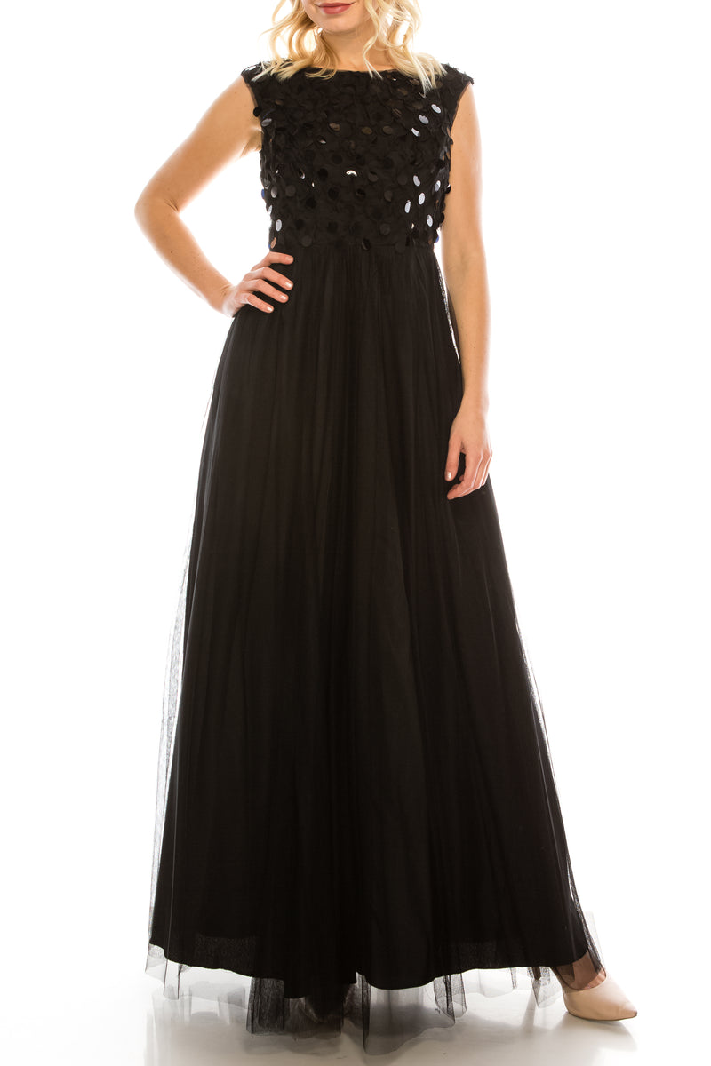 Aidan Mattox Black Large Sequin and Mesh Gown
