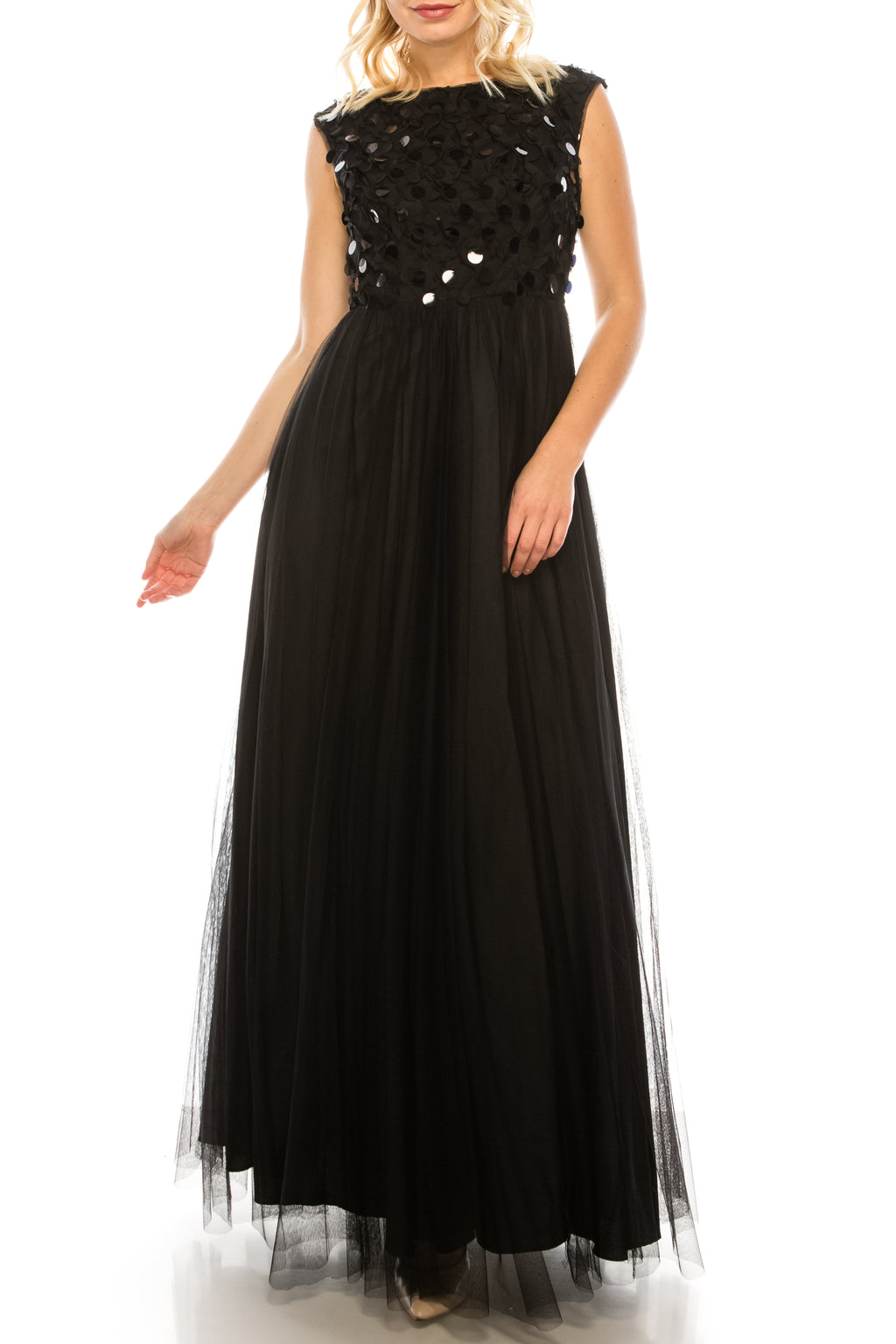 Aidan Mattox Black Large Sequin and Mesh Gown