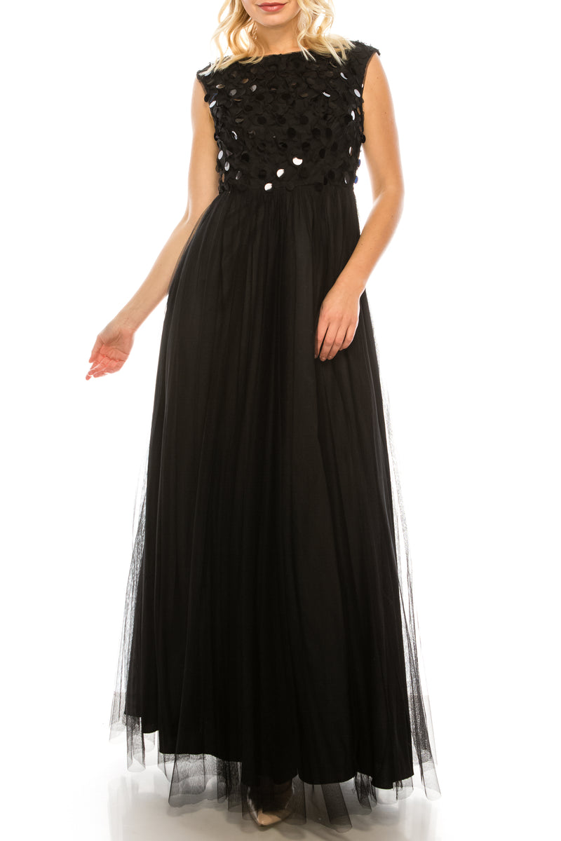 Aidan Mattox Black Large Sequin and Mesh Gown