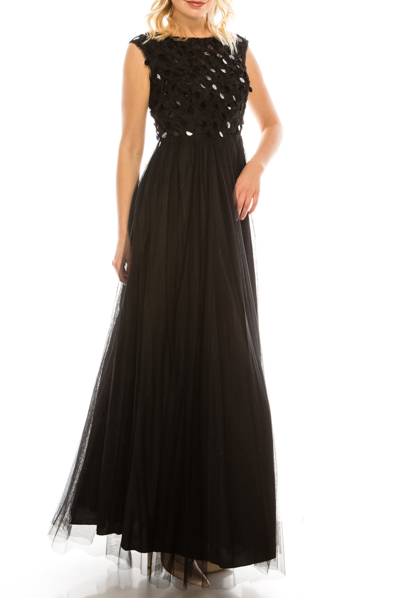 Aidan Mattox Black Large Sequin and Mesh Gown