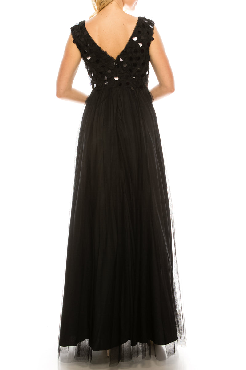Aidan Mattox Black Large Sequin and Mesh Gown