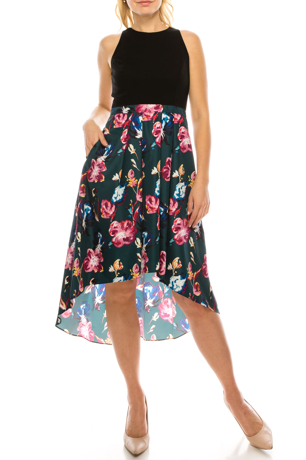 Aidan by Aidan Mattox Two Tone Floral Hi Low Evening Dress
