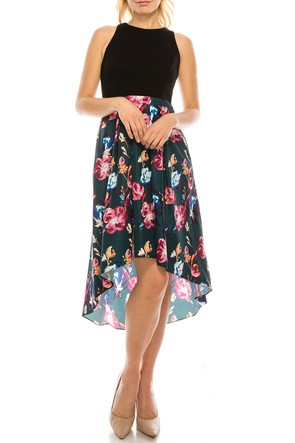 Aidan by Aidan Mattox Two Tone Floral Hi Low Evening Dress