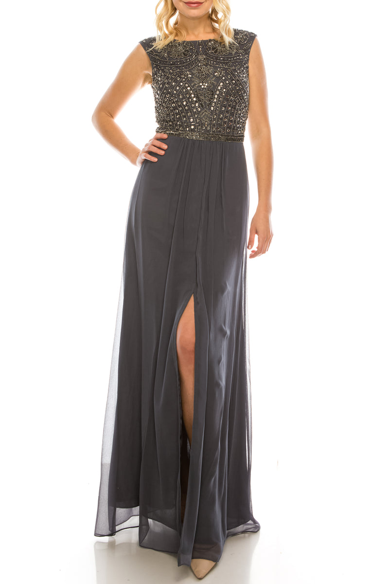 Aidan Mattox Gunmetal Beaded Long A-line Eveniing Dress