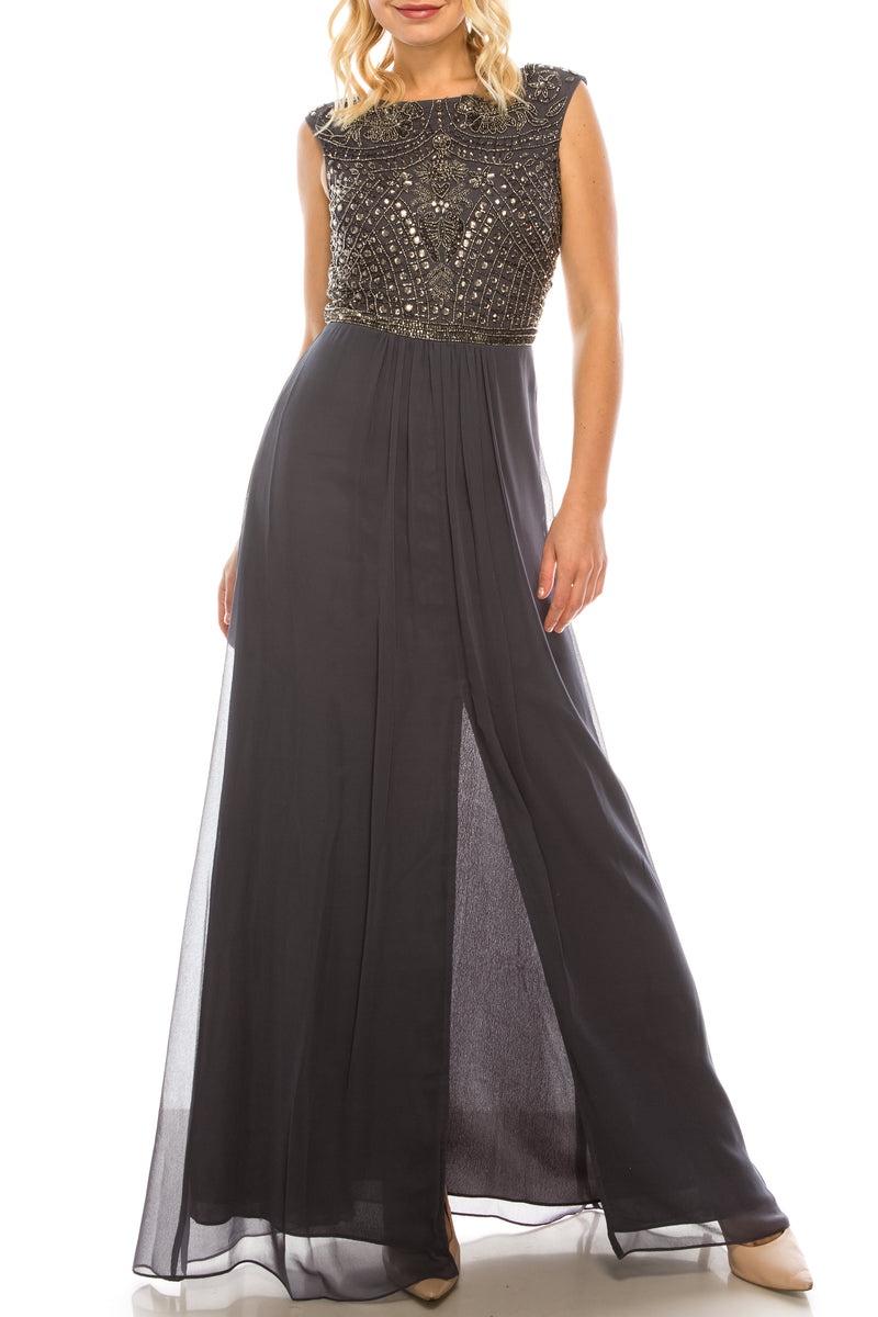 Aidan Mattox Gunmetal Beaded Long A-line Eveniing Dress
