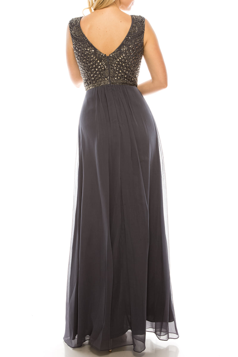 Aidan Mattox Gunmetal Beaded Long A-line Eveniing Dress