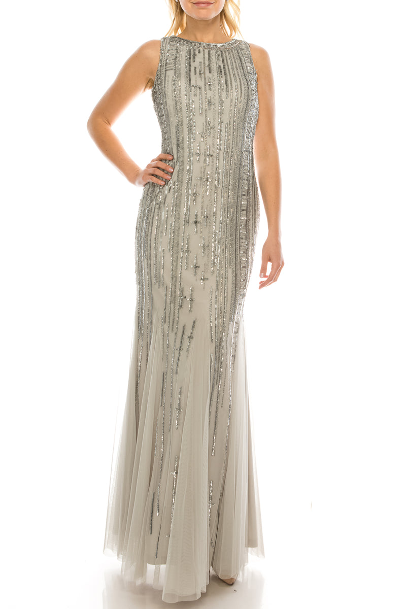 Aidan Mattox Silver Vertical Beaded Evening Dress with Open Back