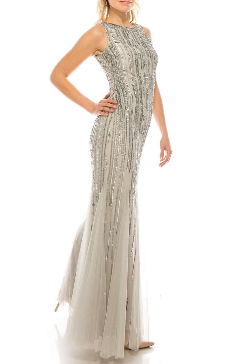 Aidan Mattox Silver Vertical Beaded Evening Dress with Open Back