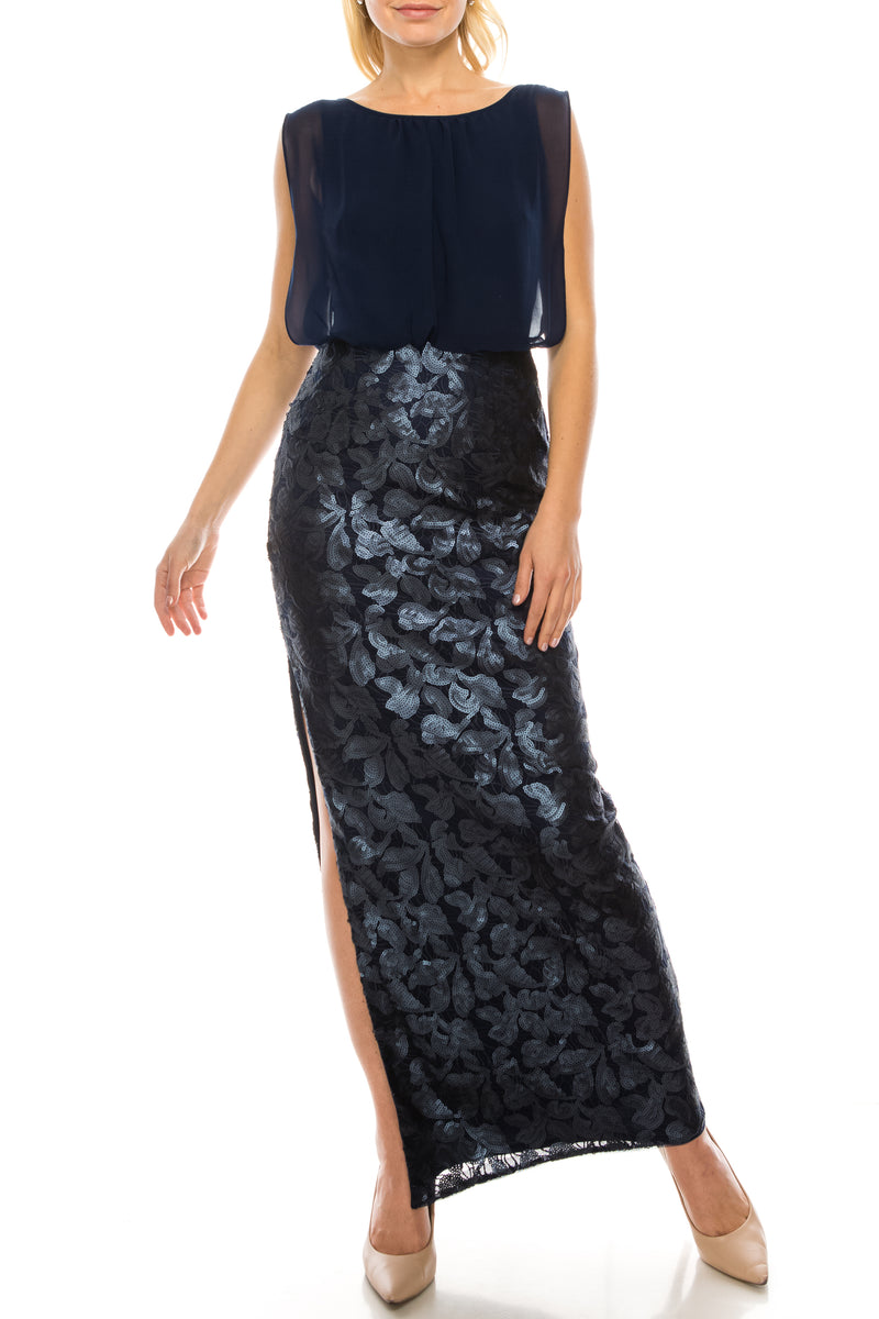 Aidan Mattox Navy Blouson Column Evening Dress