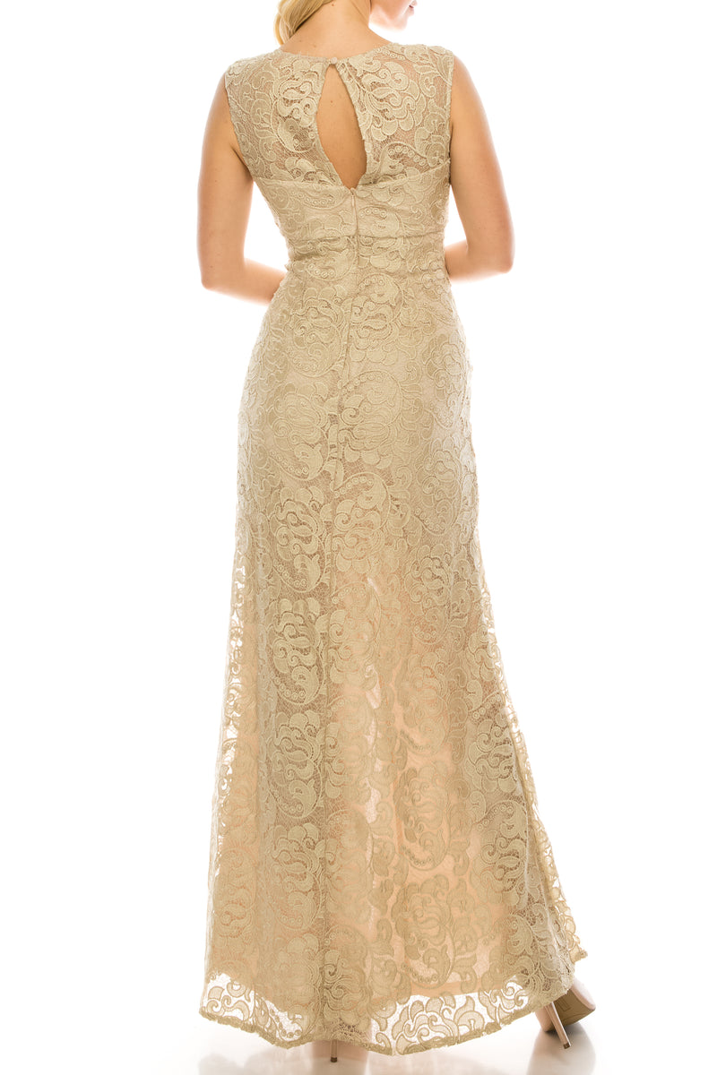 Aidan Mattox Champagne Metallic Embroidered Lace Sheath Evening Dress