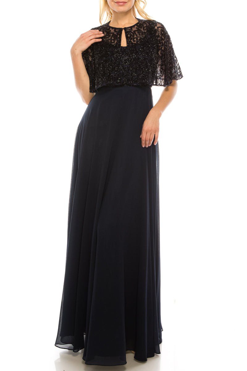 Aidan Mattox Twilight Black Beaded Long Circle Evening Cape Dress