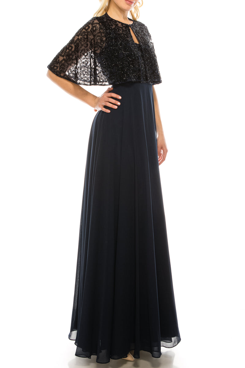 Aidan Mattox Twilight Black Beaded Long Circle Evening Cape Dress