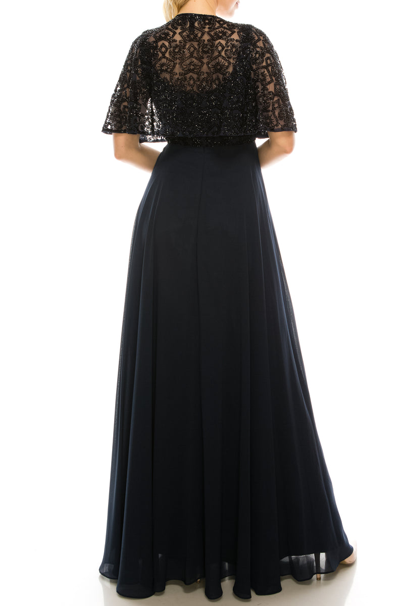 Aidan Mattox Twilight Black Beaded Long Circle Evening Cape Dress