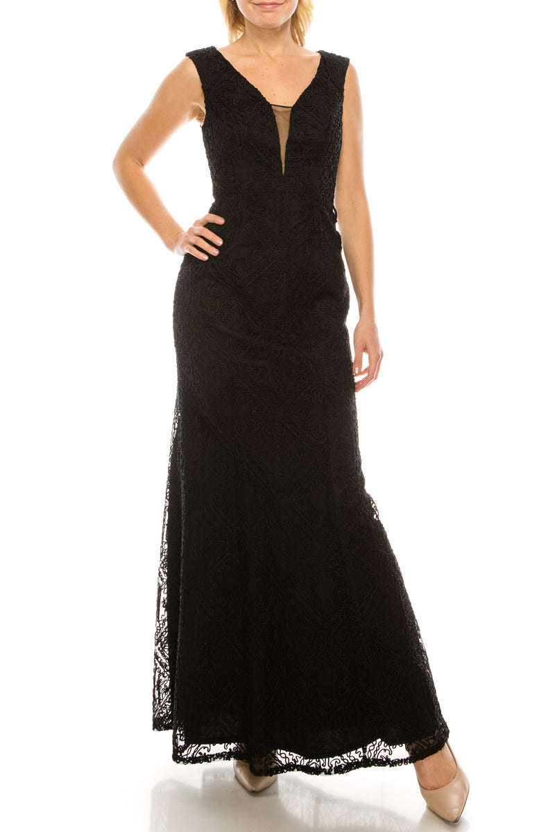 Aidan Mattox Black Soutache Diamond Patterned Column Evening Dress