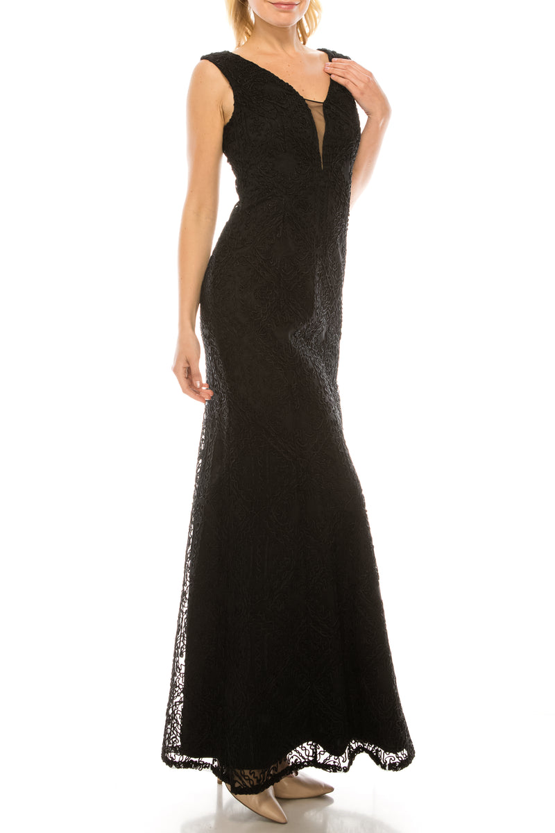 Aidan Mattox Black Soutache Diamond Patterned Column Evening Dress