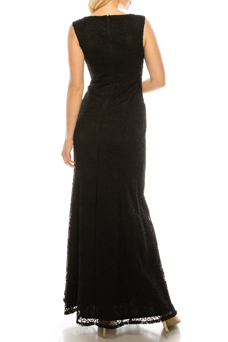 Aidan Mattox Black Soutache Diamond Patterned Column Evening Dress