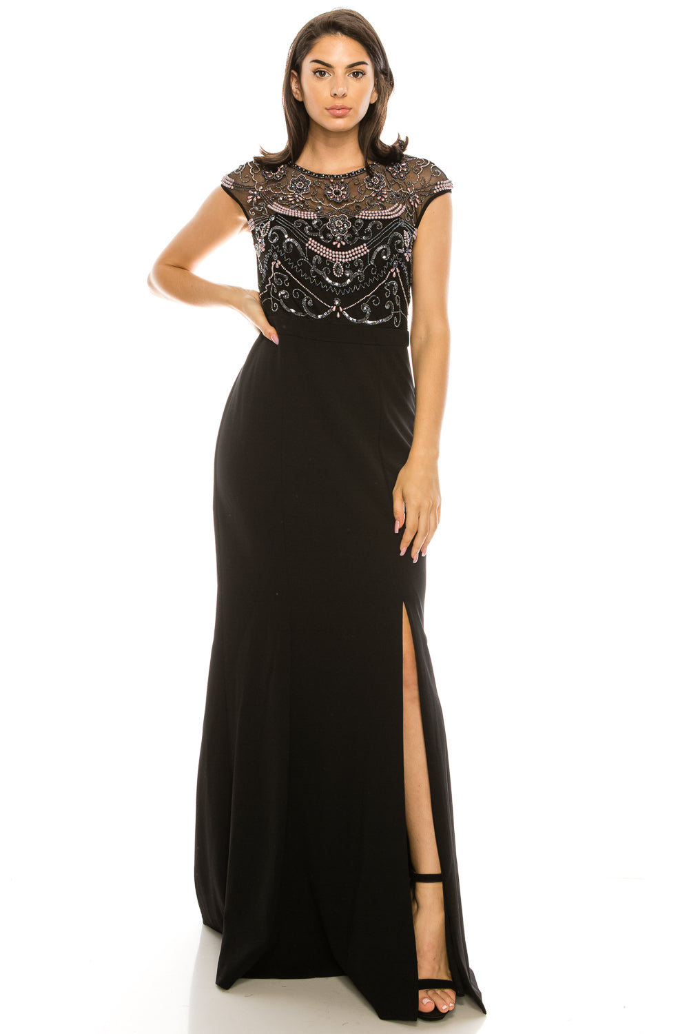 Aidan Mattox Black Evening Gown with Pink Filigree Beading
