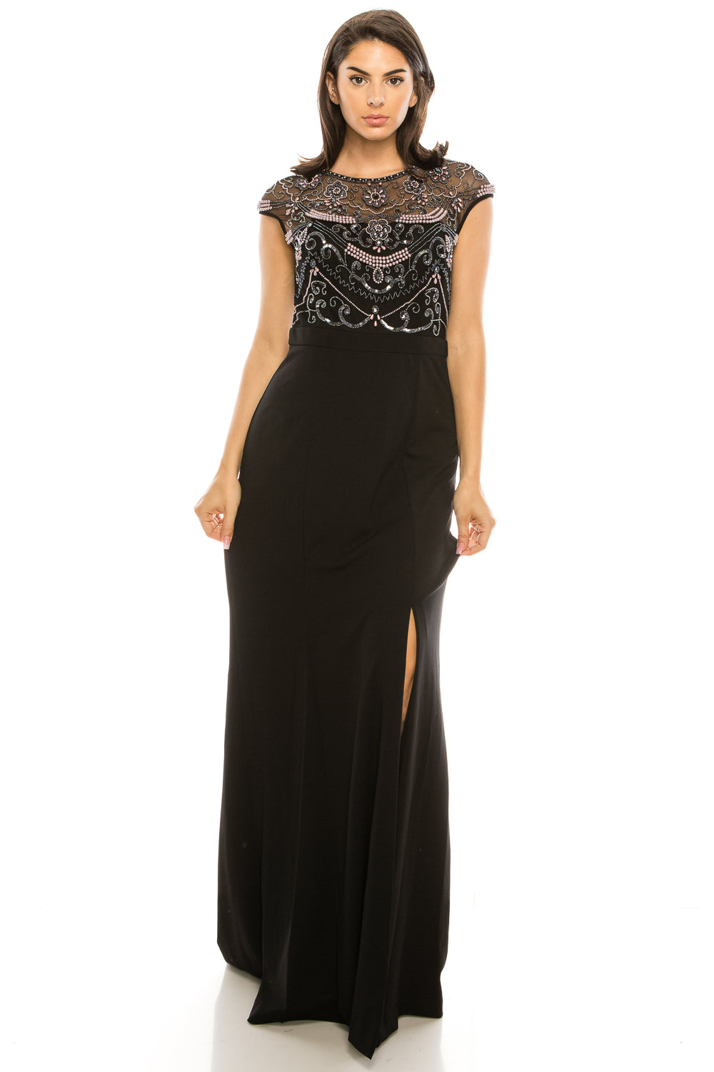 Aidan Mattox Black Evening Gown with Pink Filigree Beading